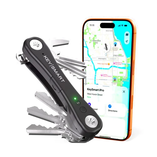 KEY SMART KeySmart iPro - Key Finder Locator with Sound, Keychain Key Holder, Apple Find My App Compatible, Key Organizer, Compact Clutter-Free Key Chain Tracker, Rechargeable Battery (Up to 14 Keys, Black)