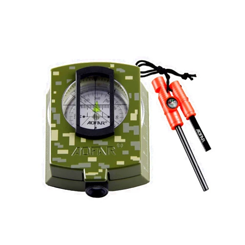 AOFAR Military Compass and Fire Starter AF-4580/381 Lensatic Sighting, Survival Kit,Waterproof and Shakeproof Measure Distance Calculator and Pouch for Camping, Hiking, Hunting, Backpacking