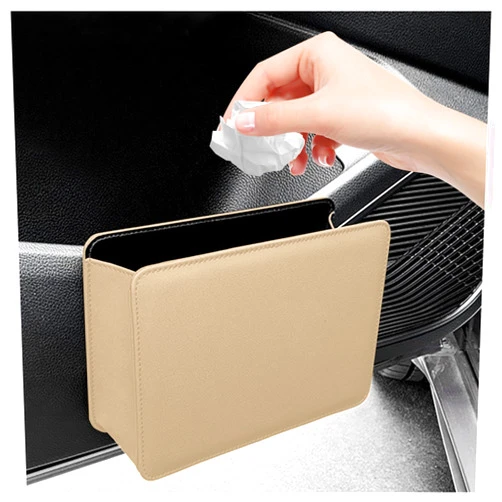 SSNNUU Leather Car Trash Can with Hooks,Multi-Function Waterproof Car Trash Bin/Car Organizers and Storage,Universal Mini Trash Can for Car Door,Seats Interior Accessories (Beige)