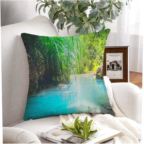 Starobkn Decorative Pillow Cover Cushion Cover Southeast Jungle Flowing Turquoise Streaming Water Erawan Nature Design Nobody River Color Sunny Soft Square Pillowcase for Sofa Living Room 16x16 Inch