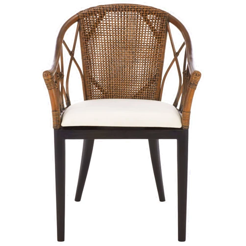 SAFAVIEH Home Collection – Miyomi Brown Rattan Arm Chair with Ivory Seat Cushion, Coastal Modern Design, Fully Assembled (ACH4900A)