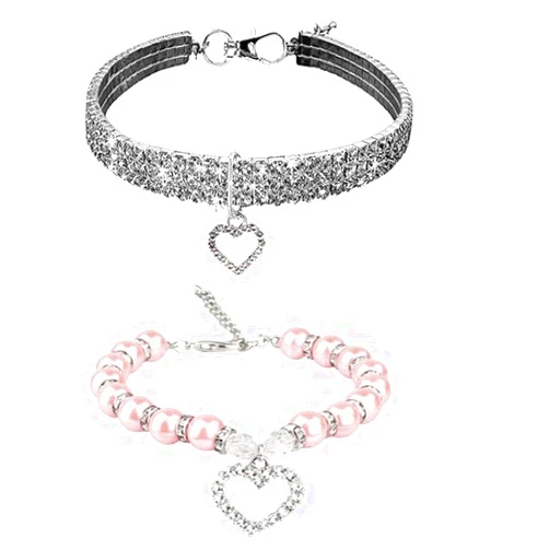 WoYous Rhinestones Dog Collar and Pearl Dog Necklace Set, Adjustable Neck Strap Bling Full Diamond Crystal Cute Pearl Dog Collar for Small Girls Cats Puppy Accessary for Wedding Birthday Party (L)
