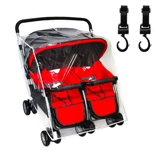 RVXlRDN Double Stroller Rain Cover with 2 Buggy Hook, Universal Side by Side Pushchair Waterproof Dust Proof Cover Pram Accessories for Outdoor Travel(Transparent)