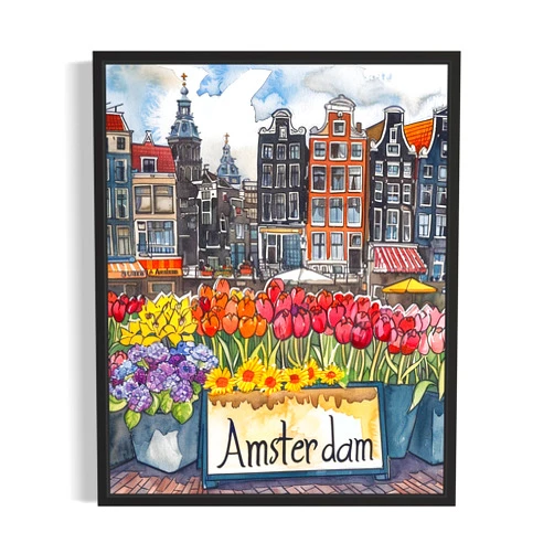 HomeArtPrint Amsterdam Netherlands Flower Market Poster Art Print, Travel Poster Floral Artwork for Bedroom, Bathroom, Livingroom Decor Wall Art (Amsterdam Netherlands, 11x14 inches (Unframed))