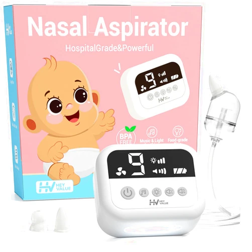 HEYVALUE Nasal Aspirator for Baby, Electric Nose Suction for Baby with 9 Levels Suction, Night Light and Nursery Rhyme Soothing Function, Hospital Grade Nose Sucker with Food-Grade Silicone Tips