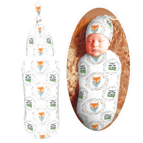 Muishi Watercolor Fox Raccoon Newborn Swaddle Blankets Hat Sets Soft Baby Receiving Blanket Swaddle Sack for Baby Shower Infant Boy Girl Gift