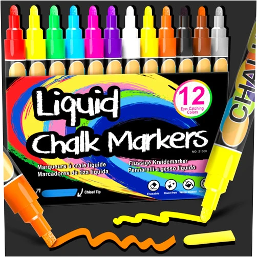 DAPAWIN 12 Liquid Chalk Markers Erasable Chalk Pens - Window Markers for Glass Washable, Chalk Markers for Chalkboard Car Glass Mirror Window Menu Board, Reversible Tip Chalkboard Markers