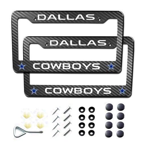 FTCO 2PCS Carbon Fiber License Plate Frame for Cowboys, License Plate Bracket Holder, Aluminum Alloy Weather Proof License Plate Cover Kits with Screw Caps Cover