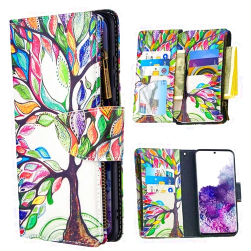 XYX Wallet Case for Samsung Galaxy A21, Colorful PU Leather Flip Zipper Purse 9 Card Slots Phone Case with Wrist Strap, Life Tree