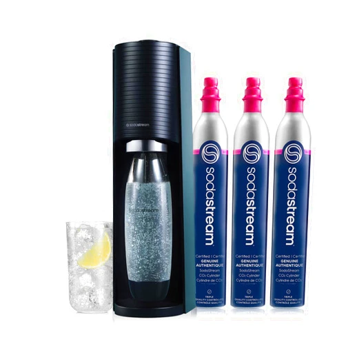 SodaStream Terra Sparkling Water Maker Bundle in Black - includes 3-Pack CO2 and Carbonating Bottle