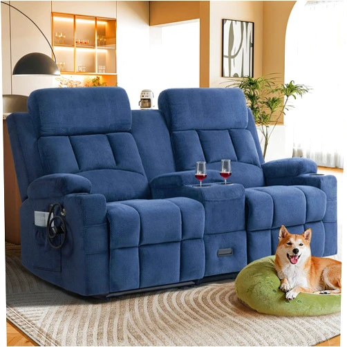 SiTimmGer Loveseat Recliner Sofa,2 Seater Manual Pull Tab Reclining Loveseat with Console and USB, Type C Port, Modern Style Cup Holders, Mobile Phone Holder Couches for Living Room, Blue