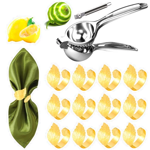 MONKKINO Lemon Squeezer with Zester + Napkin Rings Set of 12, Metal Handheld Lemon Juicer, Shiny Metal Leaf Napkin Rings,Table Decor for Cloth Napkins