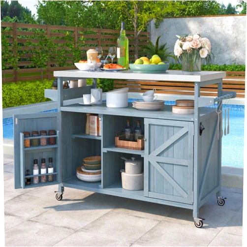 Senyuzhilan Outdoor Kitchen Island, Rolling Bar Cart & Storage Cabinet, Farmhouse Solid Wood Outdoor Grill Table with Stainless Steel Top, Spice Rack, Towel Rack for Kitchen & Barbecue(Grey Blue)