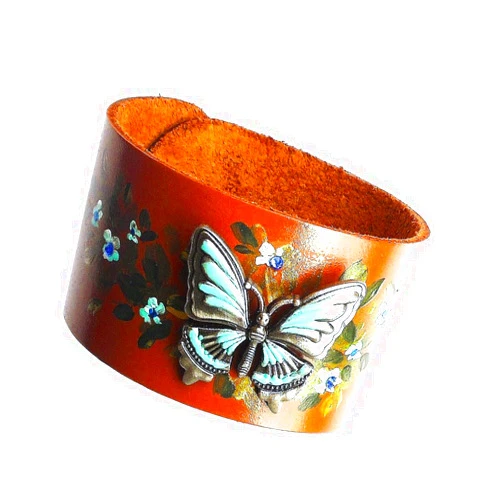 Goddess Arts Collection Adjustable Silver Plated and Turquoise Butterfly Stud Brown Leather Cuff Bracelet with Painted Flowers Boho Jewelry for Women Teen Girls