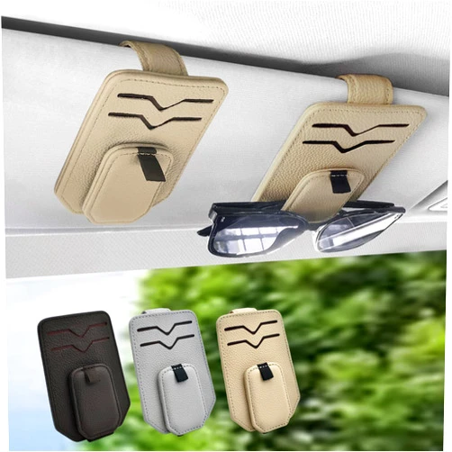 Teoenix Sunglass Holder for Car, Magnetic Leather Car Sunglass Holder Eyeglass Glasses Hanger Clip for Car Sun Visor, Ticket Card Clip Cash Organizer, 2 Pack Beige