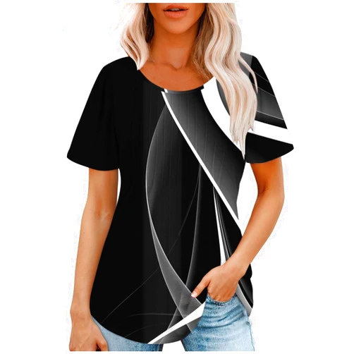 SMIDOW Womens Summer Pleated Front Shirts Tunics Casual Short Sleeved Loose Round Neck Boho Printed Tops Vacation Blouse