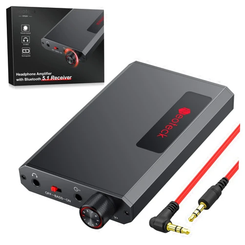 Neoteck Portable 3.5mm Headphone Amplifier with Bluetooth 5.1 Receiver, Bass Boost Switch, 16-300 Ohm HiFi Earphone Amp, Aluminum Matte Surface