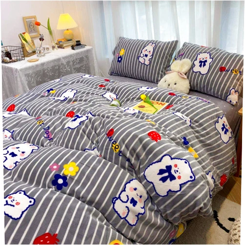 Geekcook 4 Piece Bedding Set,Coral Fleece Four-Piece Winter Thick Flannel Milk Velvet Bed Double-Sided Quilt Cover Three-Piece Set-Rabbit_1.8 Meters