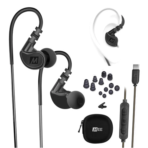 MEE audio M6 Sport USB-C Wired Earbuds with Memory Wire Earhooks, Headset with Mic & 3-Button Remote for iPhone 15, iPad, other USB Type C Devices; in Ear Headphones for Running/Gym/Workouts, Black