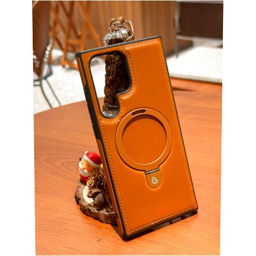 PUPAOBOOM Crafted Leather Case Cover for Samsung with Metal Magnetic Holder (Brown,S23 Plus)