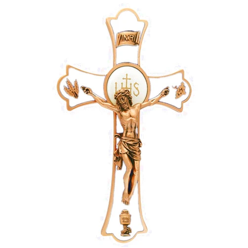 Holy Mass Crucifix Jeweled Cross First Communion Holy Mass Crucifix with Chalice Wall Cross, 8-inches Height, Gold Tone and White, Epoxy