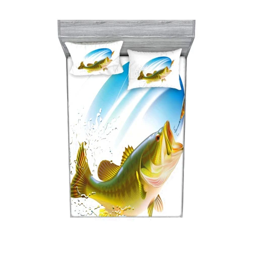 Ambesonne Fishing Fitted Sheet & Pillow Sham Set, Largemouth Sea Bass Catching a Bite in Water Spray Motion Splashing Wild Image, Decorative Printed 3 Piece Bedding Decor Set, Queen, Blue and Green
