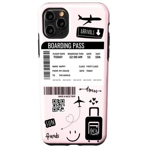 Annalisse Designs Co. iPhone 11 Pro Max Cute Airplane Boarding Travel Pass Happy Doodle Blush Pink Case