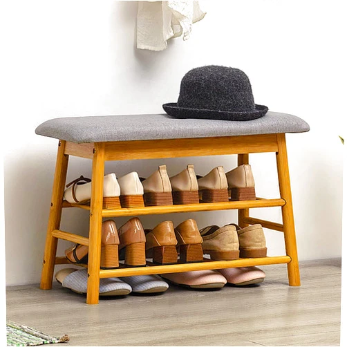 IOTXY Shoe Rack Storage Bench - Bamboo Shoe Shelf with Cushioned Seat and Organizer Compartment, Upholstered Bench for Entryway, Hallway, Bedroom, 27.6