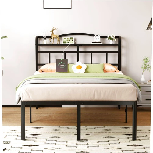 SHOANED 18 Inch Metal Bed Frame - Full Size Black Heavy Duty Bedframe Platform Basic Mattress Foundation with Headboard & Charging Station No Box Spring Needed/Easy Assembly