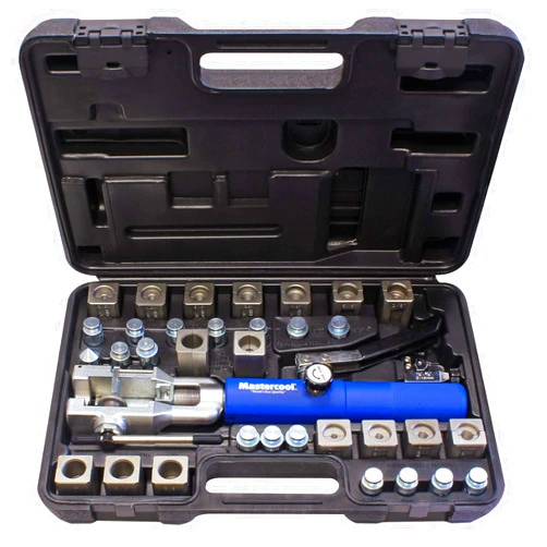 Mastercool 72485-PRC Universal Hydraulic Flaring Tool – 45° Double & Single Flares, Push Connect, GM Fuel Line, Brake Line & GM Transmission Cooling – Includes Hydraulic Ram & Mini Tube Cutter