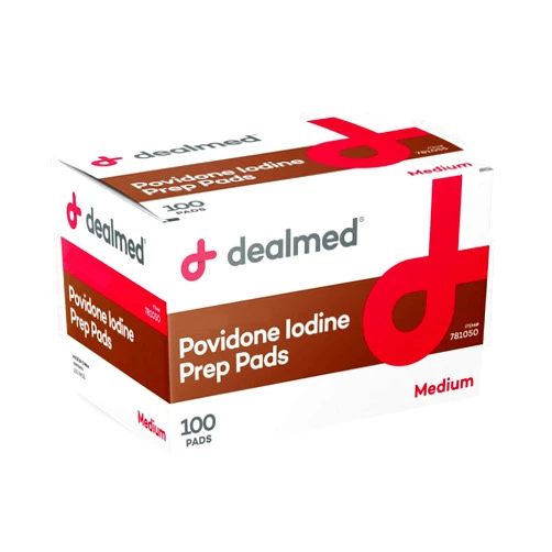Dealmed Povidone Iodine Prep Pad 10% - Individually Sealed Packets Perfect for Wound Care and Portable First Aid Kits, 100/Box (Pack of 1)