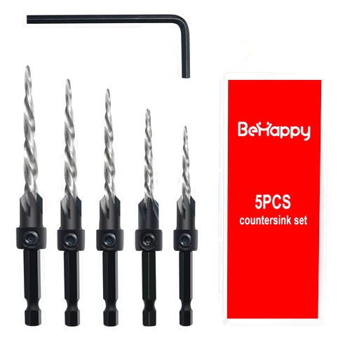 BeHappy Countersink Drill Bit Set, 5PCS M2 HSS Tapered Wood Countersink Drill Bits #4, 6, 8, 10, 12 Tapered Bit with 1/4