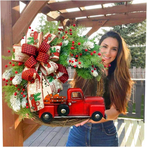 Fwudob Red Truck Christmas Wreath for Front Door, Vintage Truck Plaid Bow-Knot Garland Rustic Farmhouse Christmas Wreath Red Berry Wreath for Indoor Outdoor Home Holiday Decor Xmas Decoration (13.7 inch)