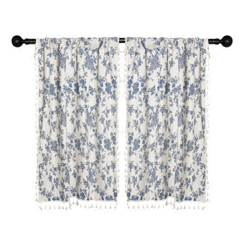 Moslovstar 2 Panels Linen Tassels Curtains Farmhouse Blue Floral Vintage Semi Sheer Window Curtain for Kitchen Bathroom, 26x18in Valances