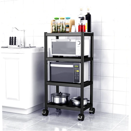 WPT 4 Tier Kitchen Baker's Rack on Wheels, Microwave Stand Utility Storage Shelf with Adjustable Feet, Black