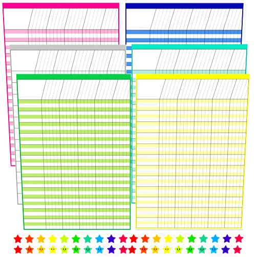 Youngever 6 Pack Multi-Color Laminated Dry Erase Incentive Chart with 120 Reward Star Stickers for Chore Responsibility, School Attendance, Homework Progress Tracking Chart (17 Inch x 22 Inch)