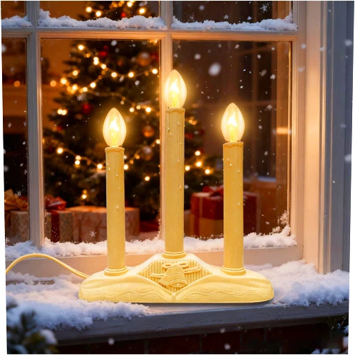 Konictom 3 Light Electric Candolier Indoor Christmas Candle Lamp, Ivory Plastic with Clear C7 Light Bulbs, Plug in Candle Lamp with 3 Foot Wire, Ready to Use