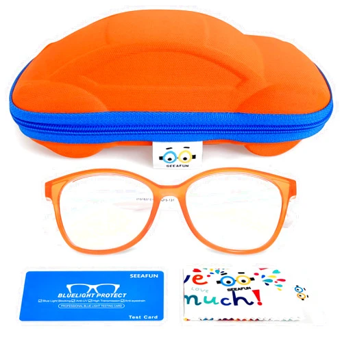 SEEAFUN Blue Light Glasses for Kids Girls Boys with Cute Car Case, UV400 Protection, Anti Blue Ray Age3-12 Computer Game Glasses (Orange&White)