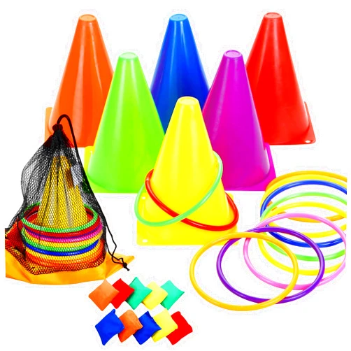 WIn SPORTS 3 in 1 Carnival Outdoor Games Combo Set, Soft Plastic Cones Cornhole Bean Bags Ring Toss Games,for Kids Adults Indoor Outdoor Birthday Party Lawn Games Supplies (26 Pieces