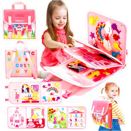 hahaland Montessori Toys for Ages 2-4, Busy Board 1-4 Year Old Girl Birthday Gift 17 in 1 Preschool Learning Activities with 12 Life Skill, Number,Shape,Dressup,Animal,Figures,Baby Girl Gifts