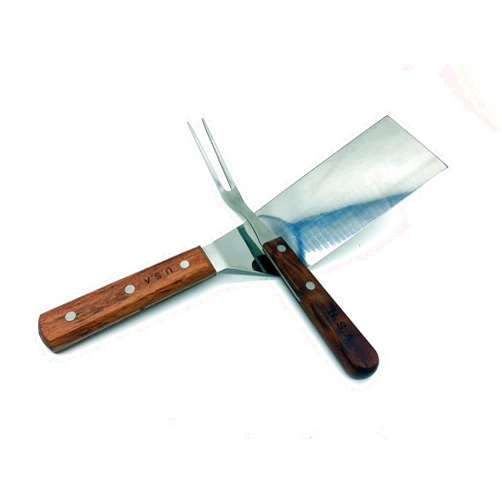 HibachiPro Stainless Steel Turner Spatula（ 6inch x 3inch） & Meat Fork（10.5''） with Wood Handle Tool for Hibachi Chef, Silver
