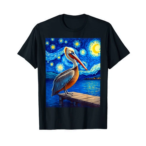 Brown Pelican Van Gogh's Starry Night Wildlife Art Van Gogh's Starry Night Brown Pelican Bay Bomber Animal T-Shirt