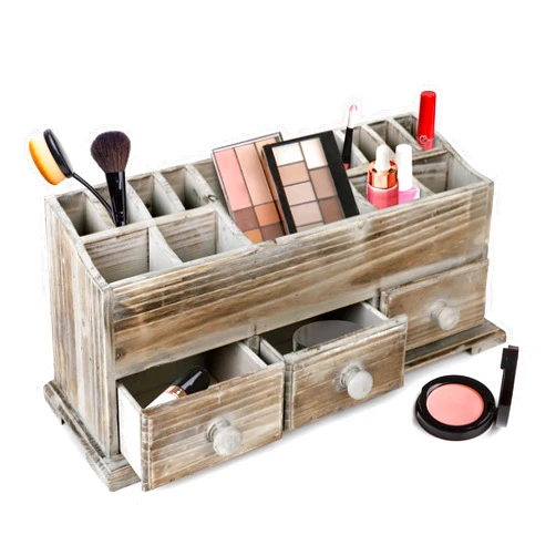 Besti Rustic Vanity Organizer for Cosmetics, Makeup, and Bathroom Accessories, Wooden Farmhouse Storage Box with 3 Drawers, Vintage Countertop, Dresser, or Desk Organization