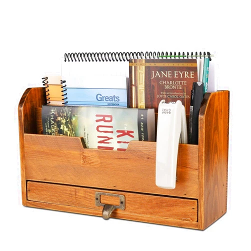 Flexzion 3 Tier Wooden Desk Organizer - Country Rustic Mail Organizer Countertop Compartments Slot File Tray Pencil Sorter Shelf Holder Accessories Set with Storage Drawer for Home Office, Brown