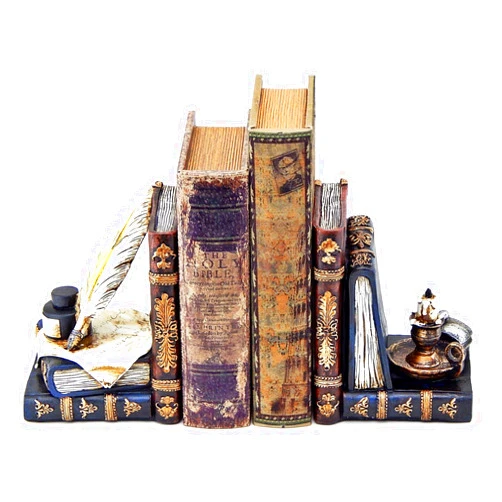 Bellaa 26324 Vintage Bookends Wizard Feather Quill Pen and Ink Bottle with Oil Lamp Antique Style Farmhouse Cottage Lodge Magic Home Decor