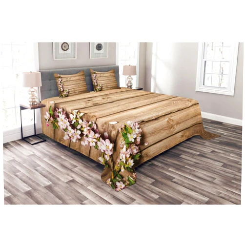 Ambesonne Rustic Bedspread Set, Spring Flowering Tree Branch on Weathered Wooden Blooming Orchard Image, 3 Piece Decorative Bedding Coverlet and 2 Pillow Shams, King Size, Pink Brown Green