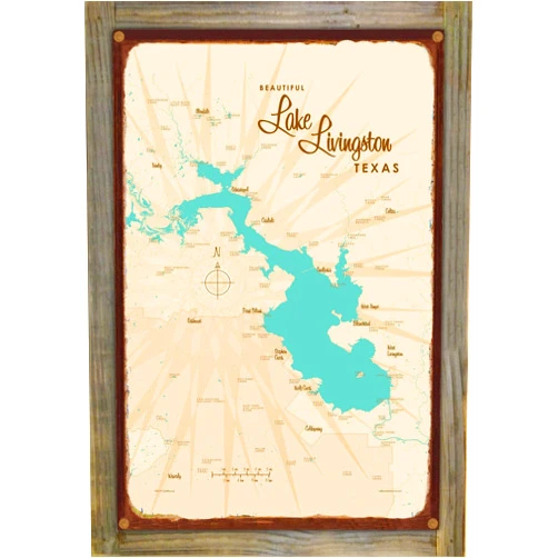 Art of Place Lake Livingston Texas Map Rustic Metal Print on Reclaimed Barn Wood from Illustration by Lakebound 11.5
