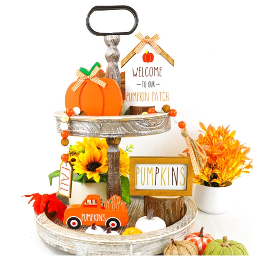 Tifeson Fall Decorations for Home - Fall Tiered Tray Decor set with Pumpkins Truck Farmhouse Wooden Decor bead Garland, Fall Pumpkins Decor for Autumn Thanksgiving Home Kitchen Table Shelf