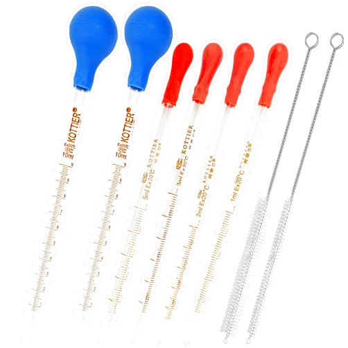 Omoojee 6Pcs Glass Pipettes Dropper, 1ml 2ml 3ml 5ml 10ml Graduated Liquid Dropper, with Rubber Bulb and Cleaning Brush, Transfer Pipettes for Essential Oil