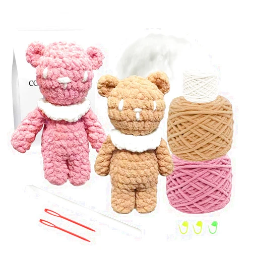 COUCHINLARY Large Bear Crochet Kit DIY Crafts with Step-by-Step Video Tutorials and Instruction Knitting Kit Stuffed Bear for Mother's Day Gifts (Pink+Khaki)